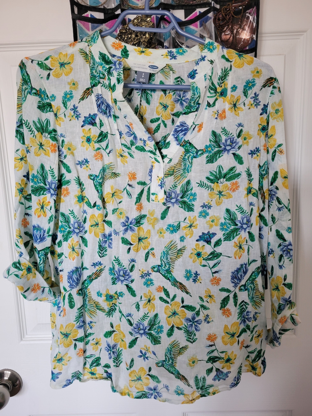 Old Navy White Tunic Top with Green, Yellow & Blue Floral Hummingbird Print